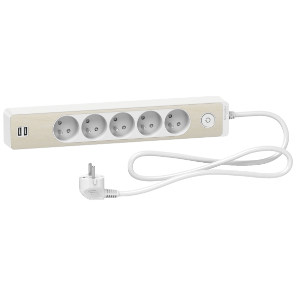 5x2P+T blc/bois 2USB 1,5m